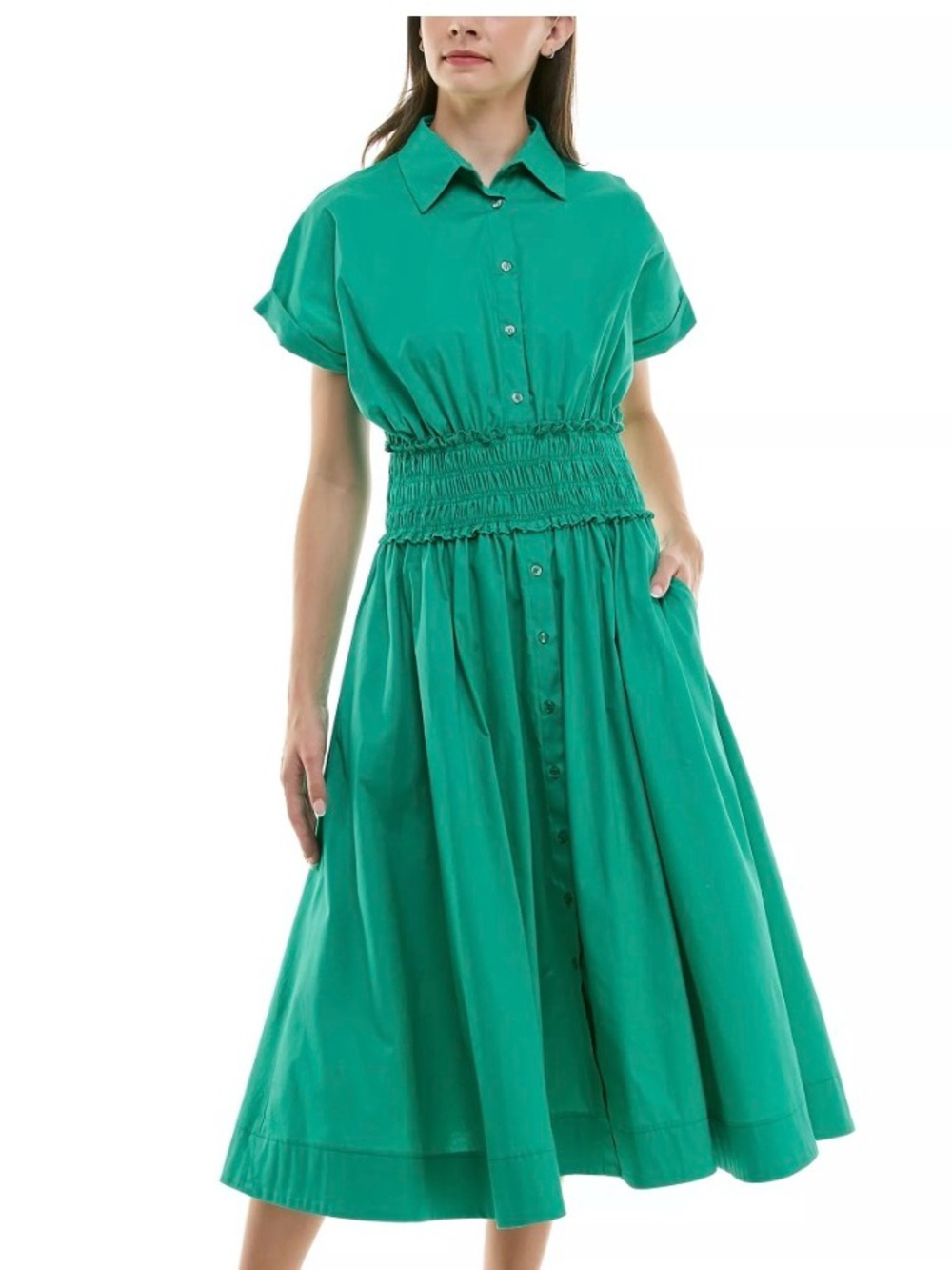 Taylor Women’s Emerald Green Smocked-Waist Midi Shirt Dress Sz. 12